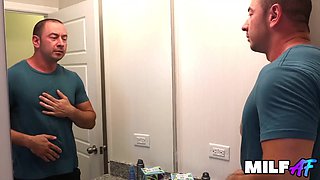 Busty Redhead in Teal Top Gives Sloppy Blowjob Then Rides Bald Partner Hard