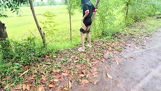 Thai Girl Walking Showing Along the Side of the Field Road in the Countryside Thai Outdoor Public