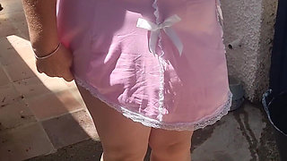 Outdoor Piss Slut in Pink Babydoll & Tan Tights. I Piss Hard While Walking Then Sitting, Soaking My Tights and White Stilettos.