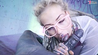 Tattooed Chick's Tattooed Dick riding Passion Glasses, Buttplug, and DP, Facial