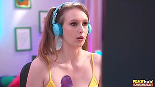 College camgirl Gina Snow leans over, opens up feet & rides chalie's cock on livestream - fakehub
