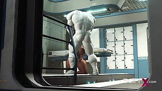 A sexy young busty ebony has hard anal sex with sex robot in the medbay - Creampie