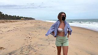 Blonde with Big Tits Walking Topless Outdoor