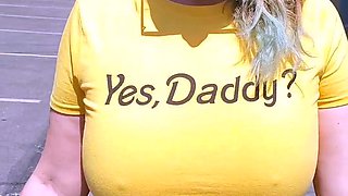 Busty curly brunette with big boobs fucks on couch