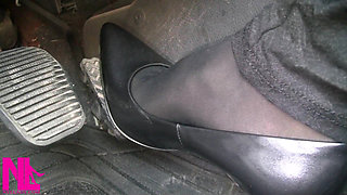 Pedal Pumping in Black Pantyhose and Grey Patent High Heels