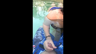Horny Wife Giving Handie in Outdoor Pool