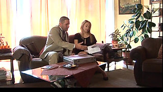 Busty MILF Secretary with Hairy Pussy Fucked and Cumshot in Mouth by Big Cock