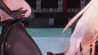 [mmd] Yolandel & Rita Chocolate Cream Double Striptease Black Silk Pantyhose Big Nipple Nipple Milk Chain Red Sole High Heels