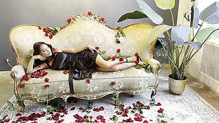 Beautiful Monika Fox in Black Dress on Sofa with Roses!