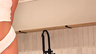 Cute Girl in White Panties Can't Hold Her Pee Anymore and Wets Herself on the Bathroom Floor