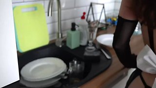 Sexy horny brunette house maid is fucked hard by a ripped stud