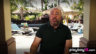 Naked blond hair girl and her GFs washing a car