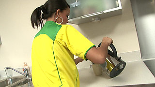 Babe in Brazil Uniform Strips and Plays Solo in the Kitchen