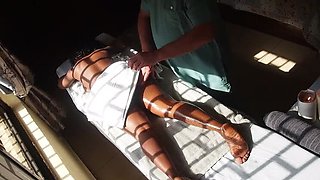 Ebony MILF Gets Oiled Up for a Special Massage with Older Man