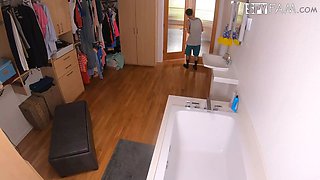 Stepsis Jenna James gets naked and takes a creampie from stepbro after he caught her watching him naked