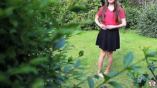 Slave Mila Plays with Her Bruised Caned Bottom Outdoors