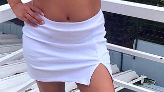 Busty curly brunette with big boobs fucks on couch