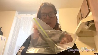ASMR food crushing with big tit brunette in glasses wearing sweater and gloves