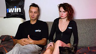 Darcy Dark plays undress games, flashing all-natural jugs