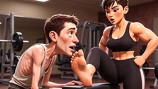Strong Muscular Woman Makes Skinny Slave Lick Her Feet
