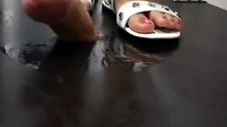 Only Asian Crush white sandals footjob on cockbox cum