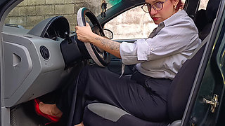 Secretary Gets Excited in Her Car by Pumping Pedals and Ends up with a Big Squirt From Masturbation