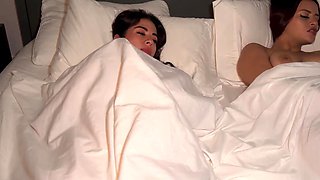 Fit Buxom MILF Invites Her Hot Stepdaughter To Share Bed With Her & Entices the Gal Into Lesbian Sex