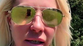 Busty blonde babe masturbates pussy with big dildo