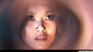 Asian Beauty With An Oiled Body Takes A Filthy Hard Cucumber Fucking