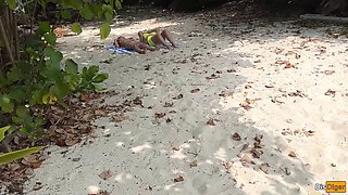 Public Pickup Stepmom and Stepdaughter on Beach - Risky Dick Flashing