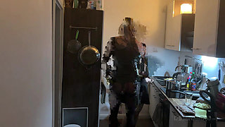 Dominant MILF Stretches Latex Sub's Ass Wide in Kitchen
