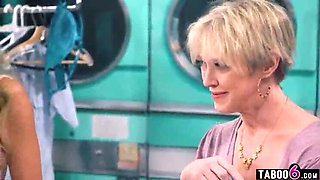 Young Man Reverse Gang-Banged by Attractive MILFs in Laundry Room