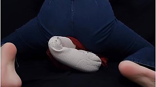 Asian Girl In Blue Jeans Rubs Peets On Pillow