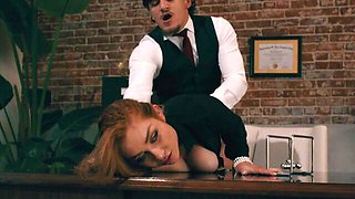 Office fuck doll with big boobs Kira Fox impaled in the doggy style