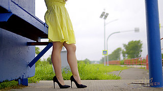 128 Subtle Outdoor Flirting with Passing Drivers at a Bus Stop. Do You Like My Legs? 60fps