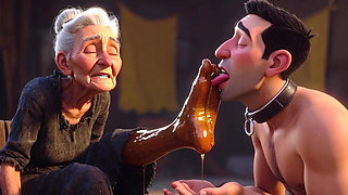 Submissive Slave Licking Wrinkled Feet of Old Ladies