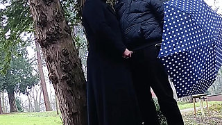 Muslim woman plays and blows a large cock outside in the park