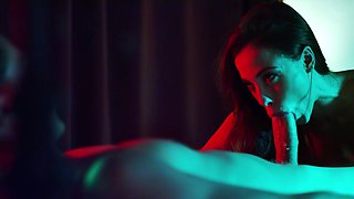 Petite brunette Anastasia Brokelyn rides a big cock with incredible passion on the bed.