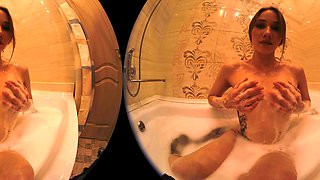 Amateur busty brunette masturbates and does hand job