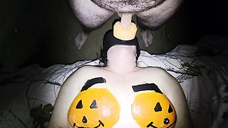 Pumpkin tits wife face fucked in pussy mask Happy Halloween