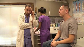 Ebony nurse Jasmine Barnes gives a deep blowjob to her patient’s cock