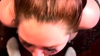 Big breasted MILF slave sucks POV cock dry and clean