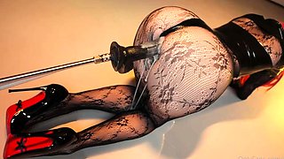 Masked nympho in lingerie gets creampied by a fuck machine