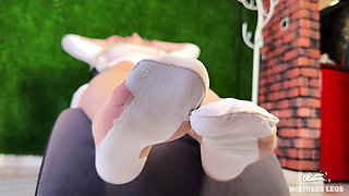 White Stockings Foot Tease and My Ass in Background After Domination Session