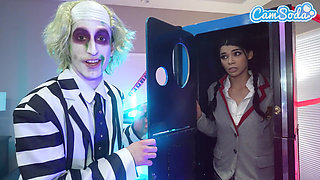 Cosplay Threesome - Bettlejuice, Wednesday Addams and Her Big Tits Stepmom