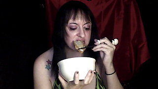 Dumb bitch eats dumplings and masturbates