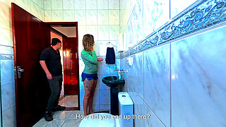 Step-niece alone in the bathroom and rubbing himself dryhump against her.