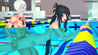 Rias & Akeno Thresome while phonecall and Akeno fucked in public Pool - DXD NTR Madness Series