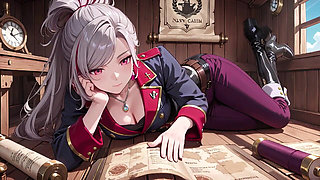 Silver-haired Pirate Queen! Sun-drenched Ship Cabin, Navy Uniform Slightly Damp, Kneeling with a Teasing Gaze.