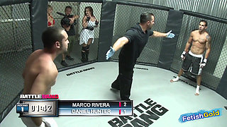 Muscular guy looses fight and have sex with chubby brunette as punishment